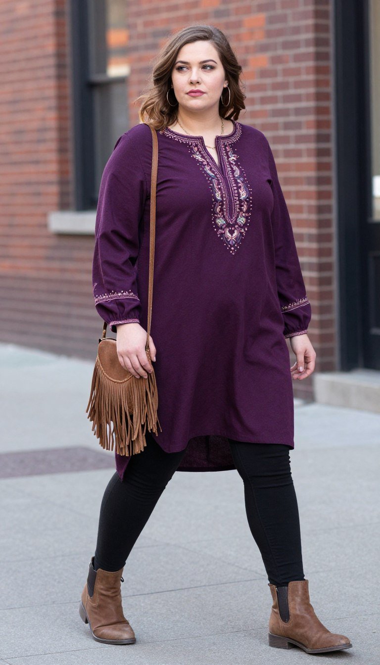 Plus size boho tunic styled with leggings ensemble Plus size boho tunic styled with leggings ensemble