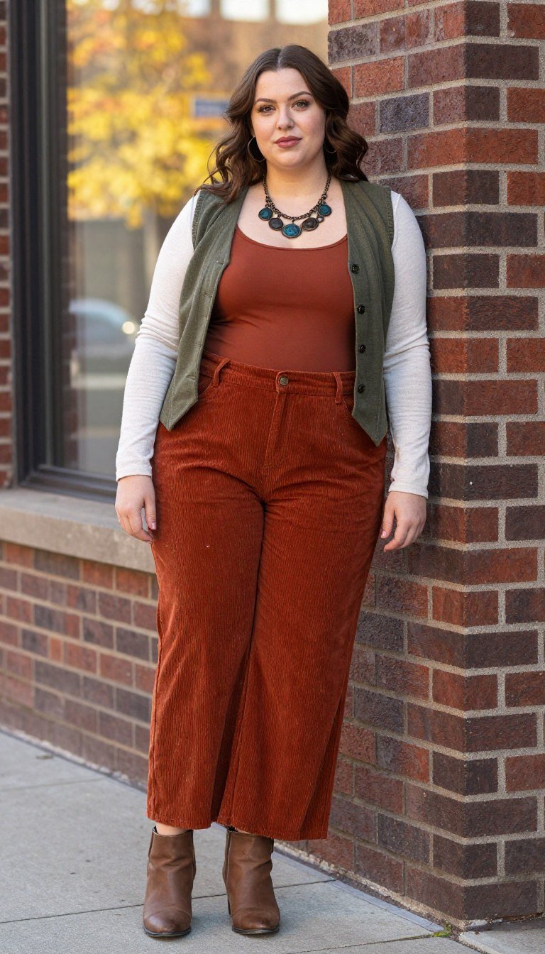 Plus size boho wide-leg pants with layered tops Plus size boho wide-leg pants with layered tops