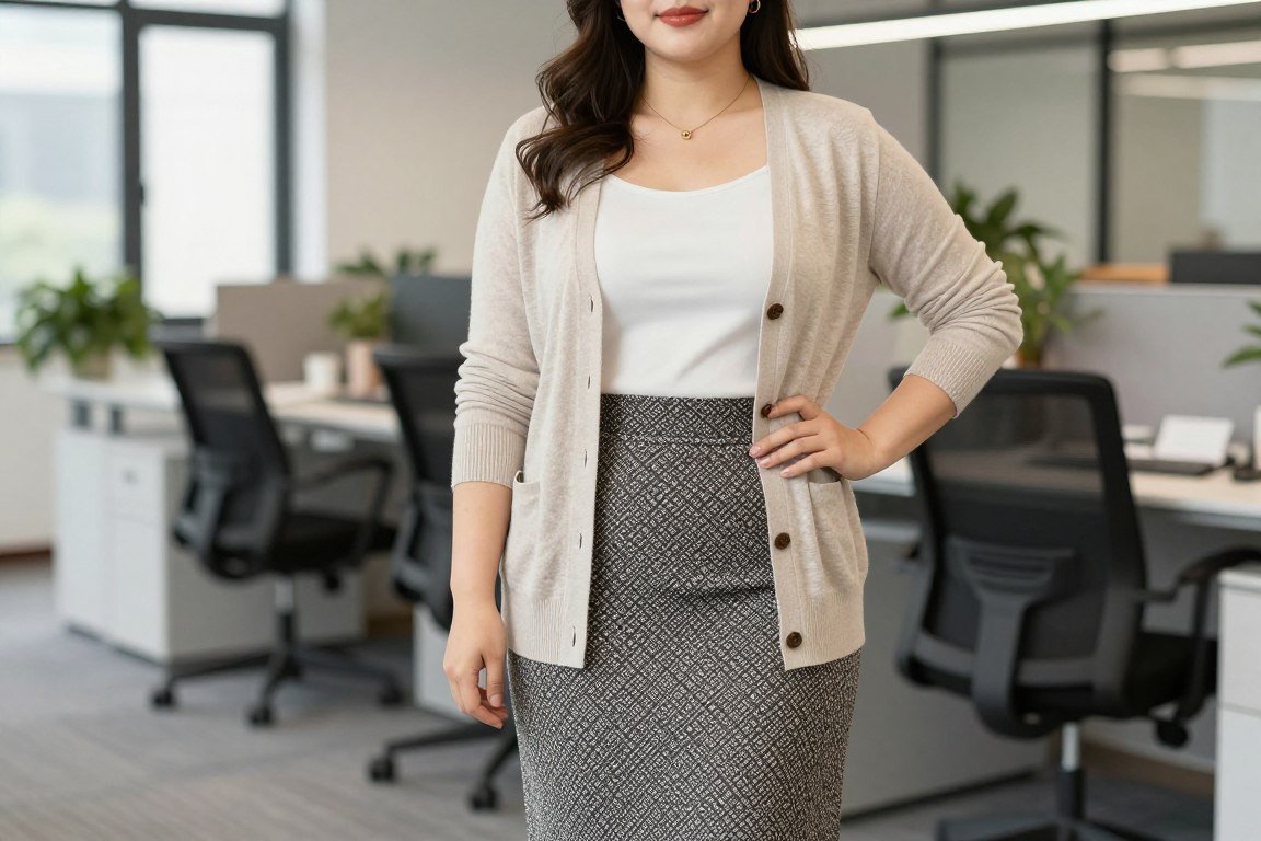 Plus size cardigan styled with midi skirt for business casual workplace