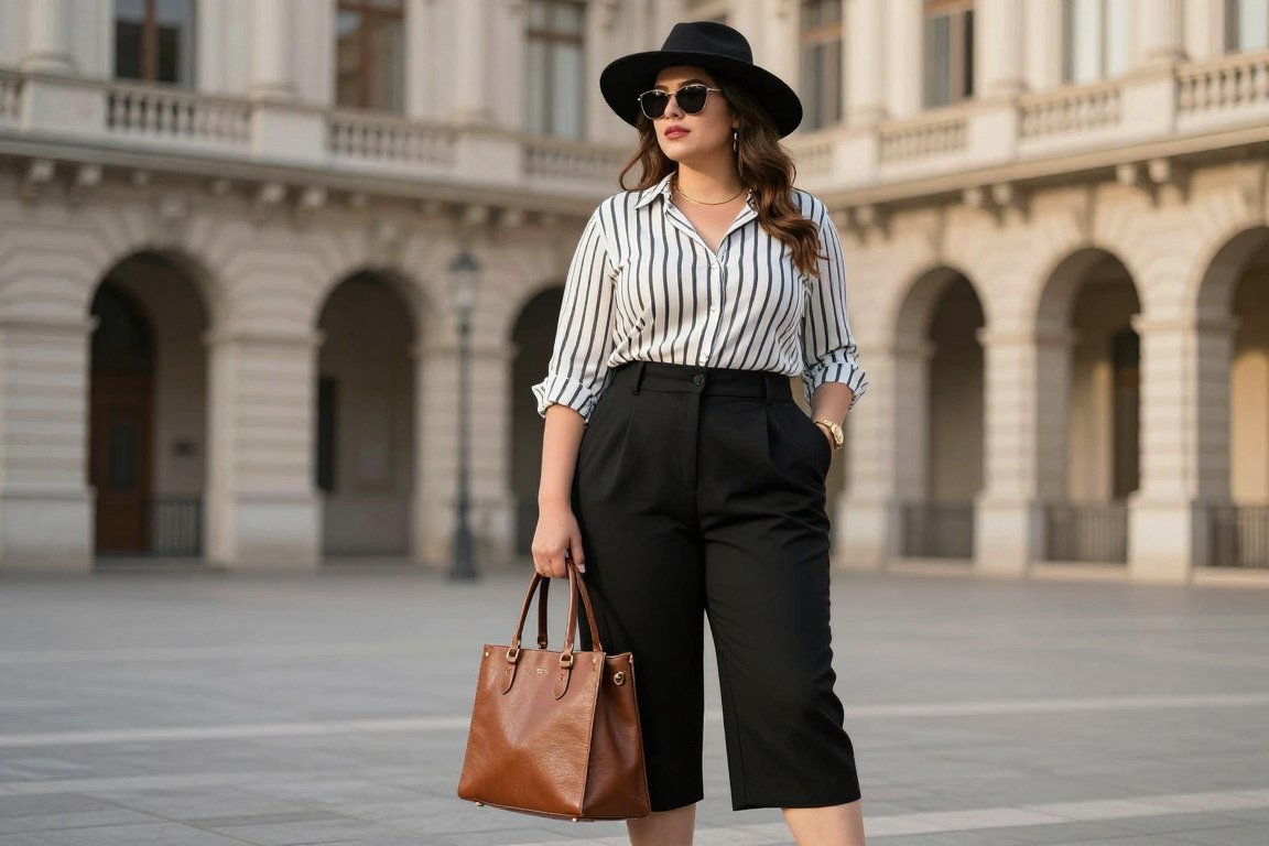 Plus size culottes outfit for stylish city vacation