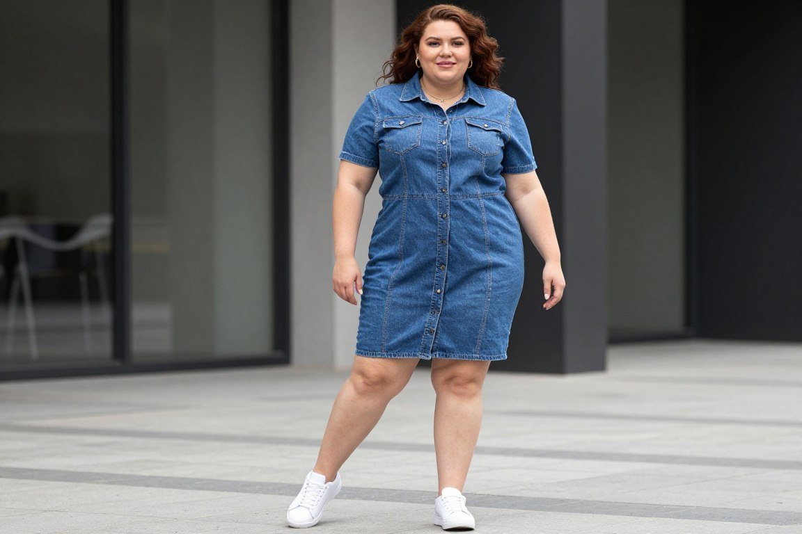Plus size denim dress outfit with sneakers