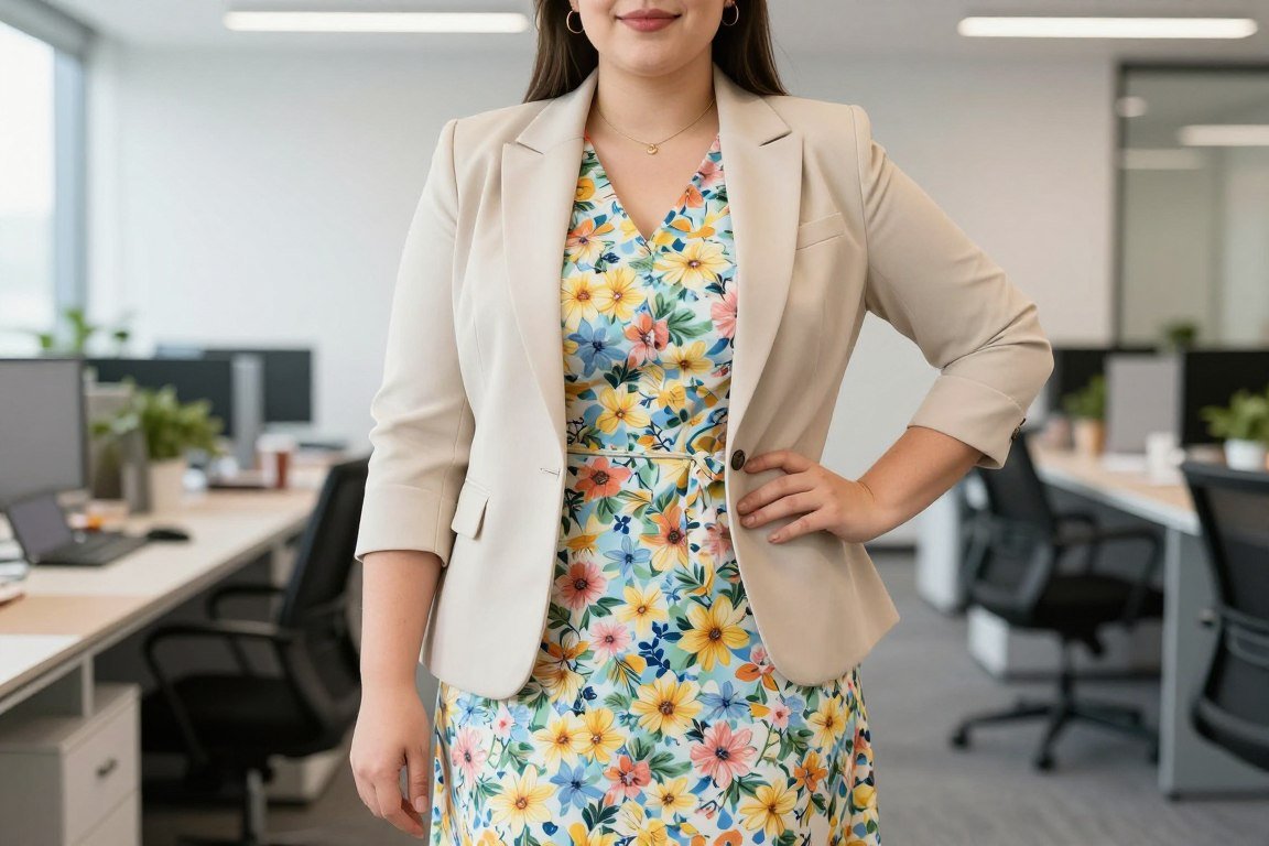 Plus size floral dress paired with beige blazer for spring corporate style
