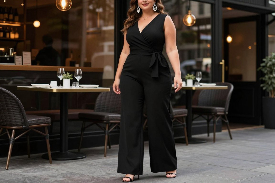 Plus size jumpsuit styled for urban travel and dining