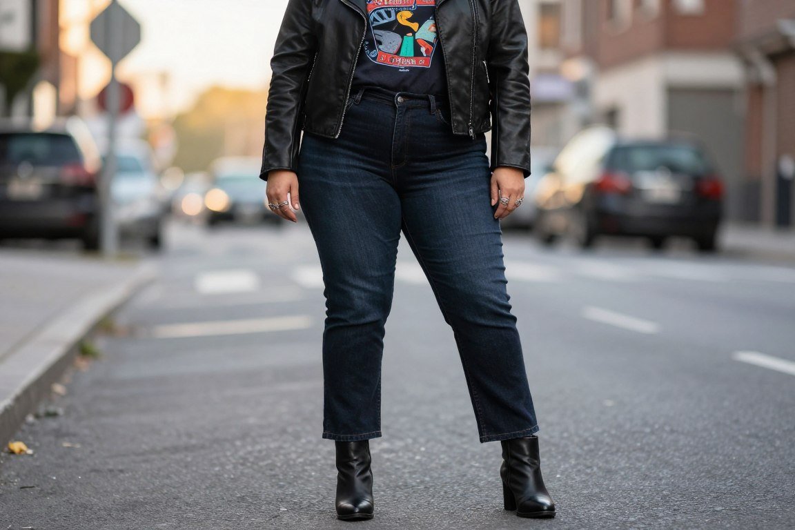 Plus size leather jacket outfit with graphic tee 90s grunge style