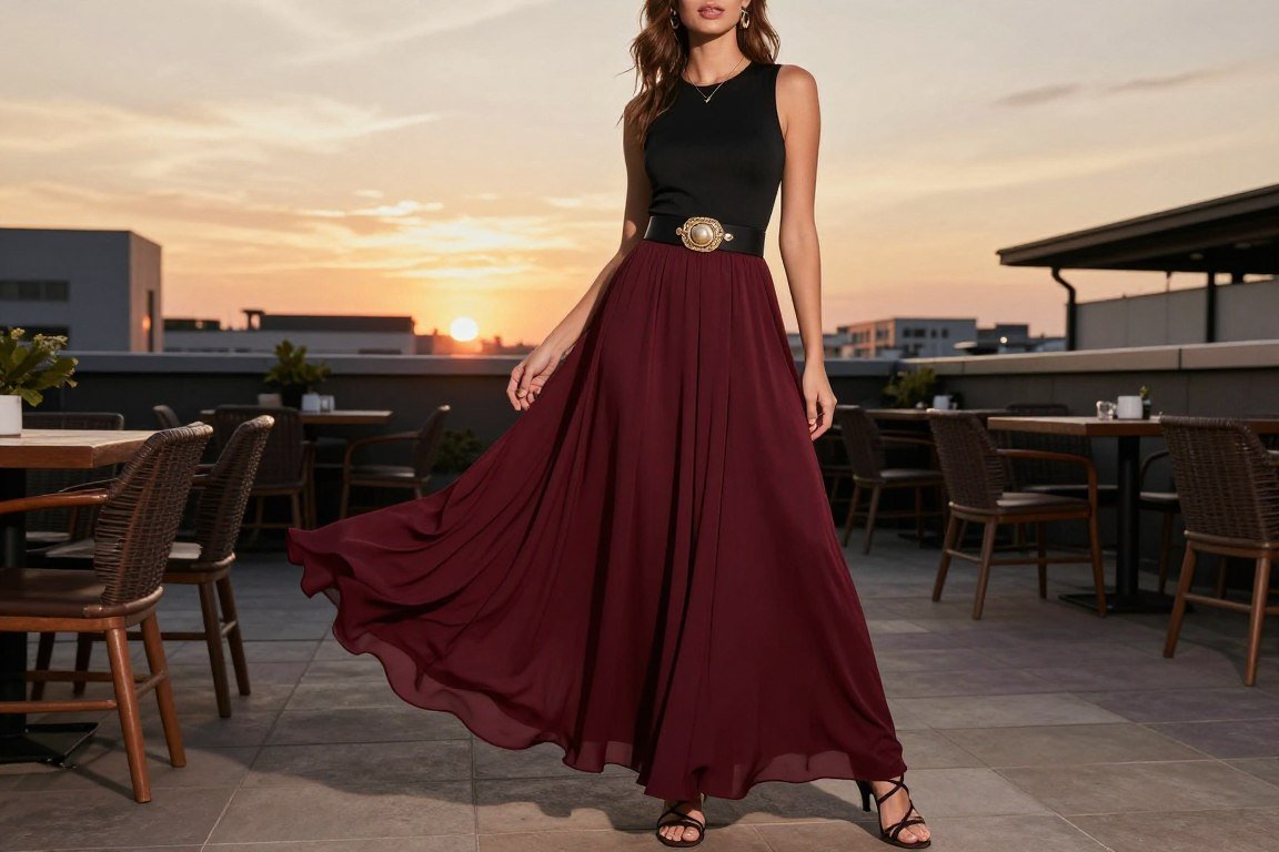 Plus size maxi skirt outfit for elegant evening travel