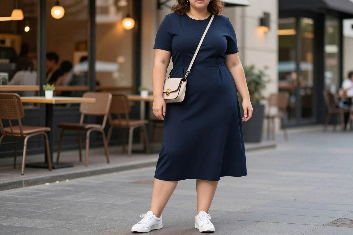 Plus size midi dress styled with white sneakers for city travel
