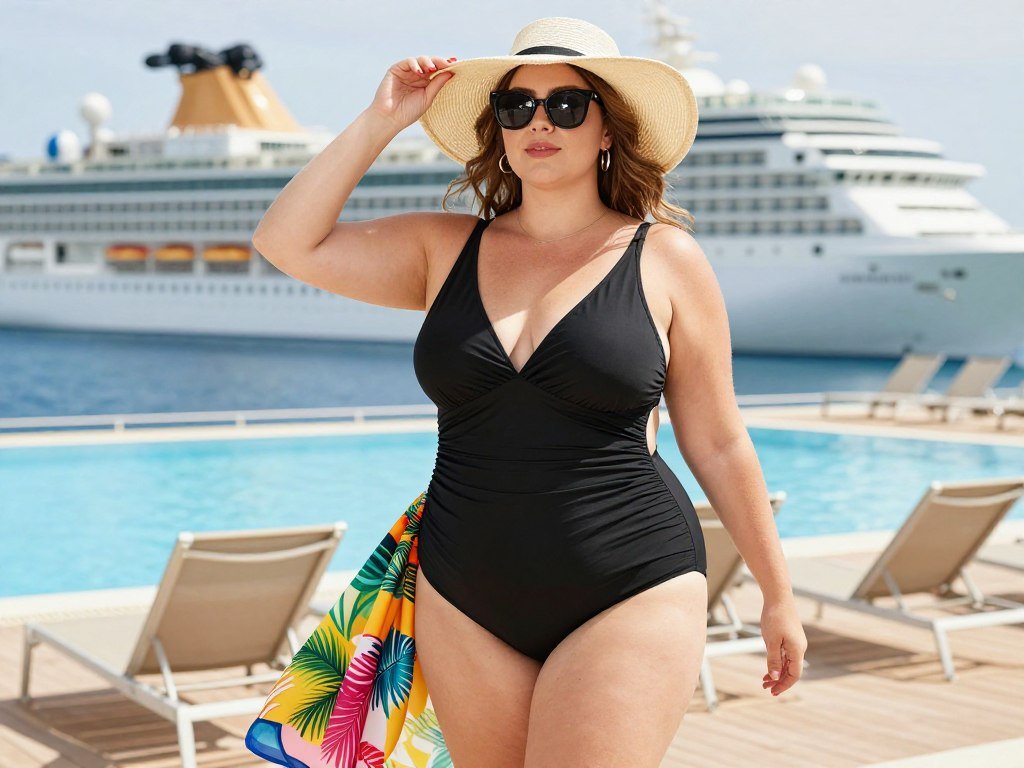 Plus size one piece swimsuit with sarong cover-up for cruise pool
