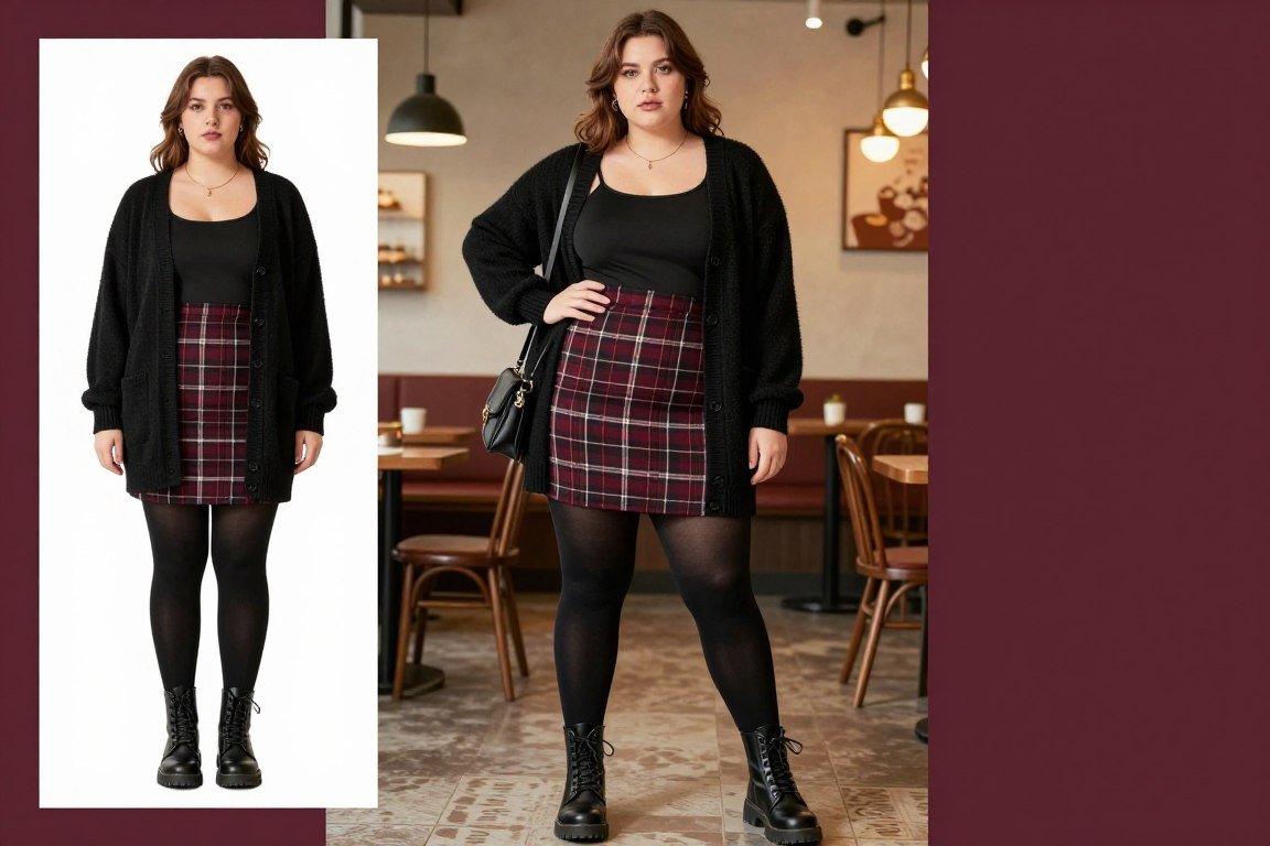 Plus size plaid mini skirt with tights 90s grunge outfit