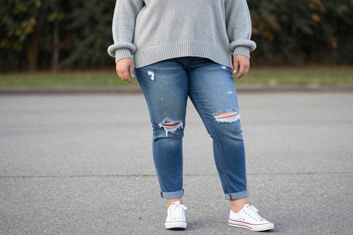 Plus size ripped jeans outfit with oversized sweater for 90s look