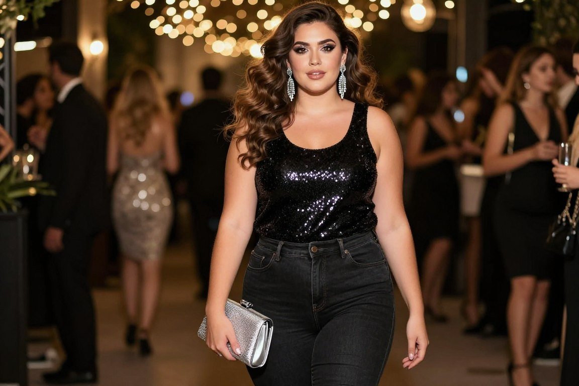 Plus size sequin top outfit 90s party look