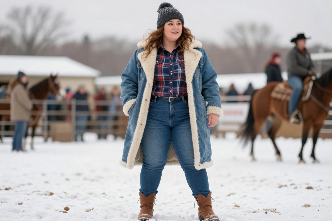 Plus size sherpa denim coat outfit