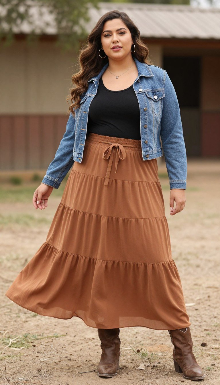 Plus size tiered maxi skirt western look