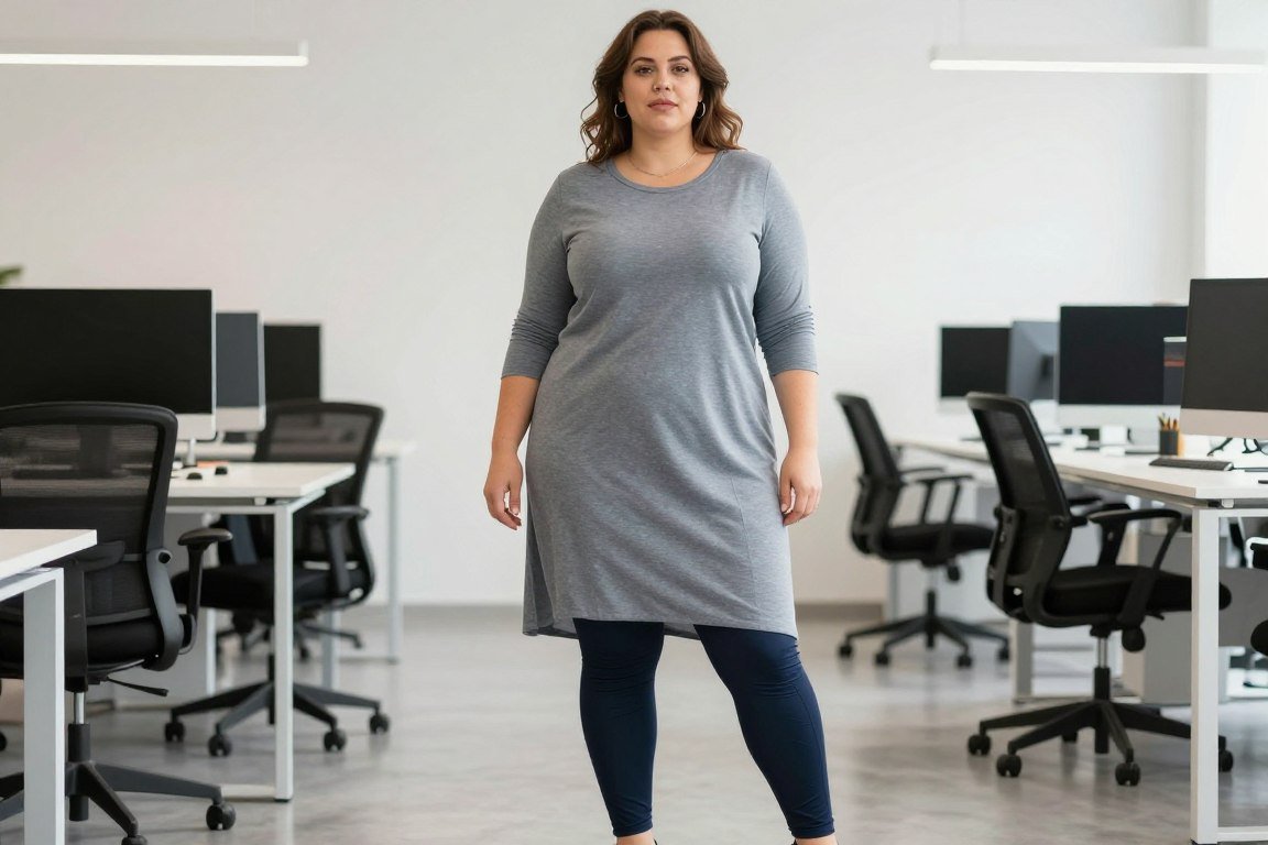 Plus size tunic styled with professional leggings for casual workplace