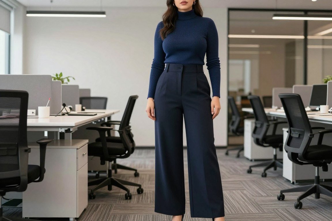 Plus size turtleneck styled with high rise wide leg pants for work