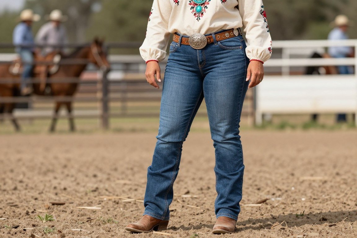 Plus size western outfit with stretch denim and embroidered blouse