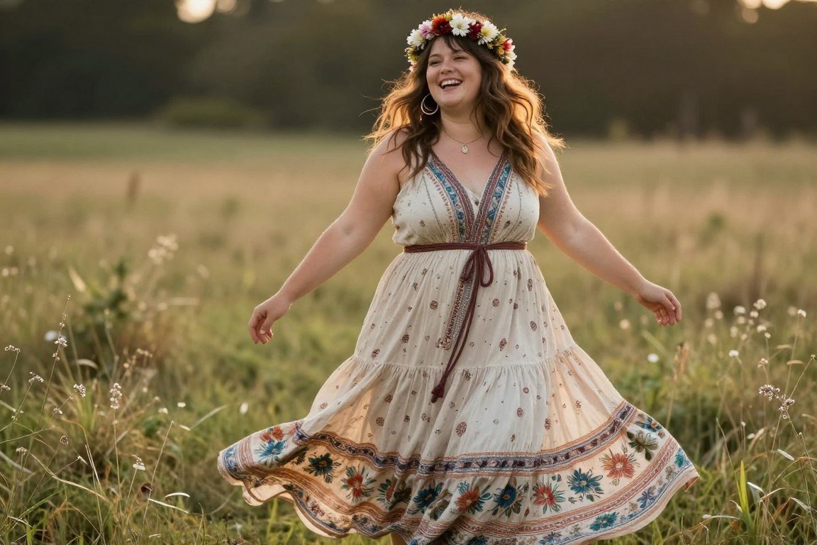 Plus size woman expressing joy in boho outfit Plus size woman expressing joy in boho outfit