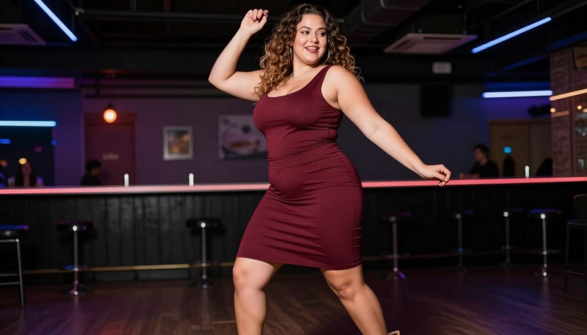 Plus size woman in bodycon dress dancing at club