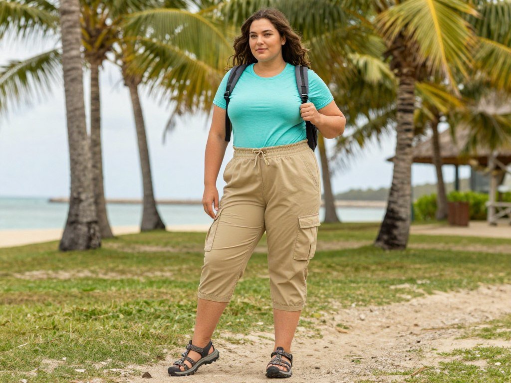 Plus size woman in cargo capris and athletic top for port excursion