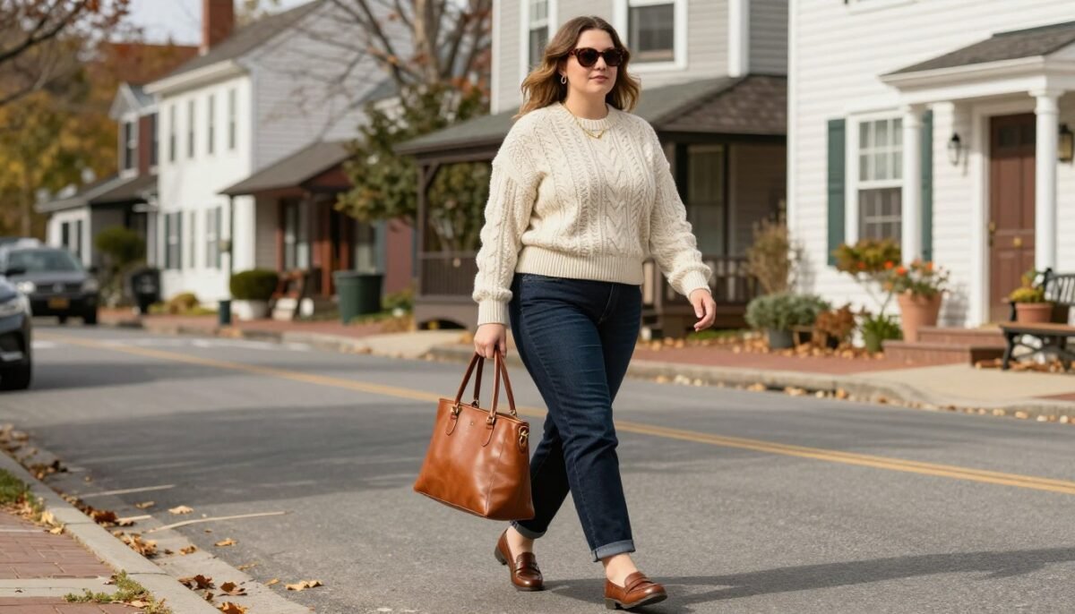 Plus size woman in casual old money weekend outfit with cable knit sweater and jeans