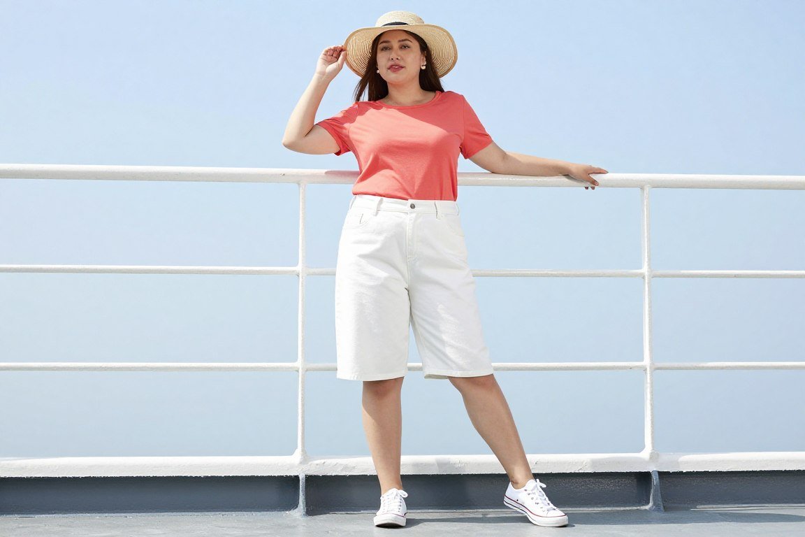 Plus size woman in denim shorts and cotton top for casual cruise day