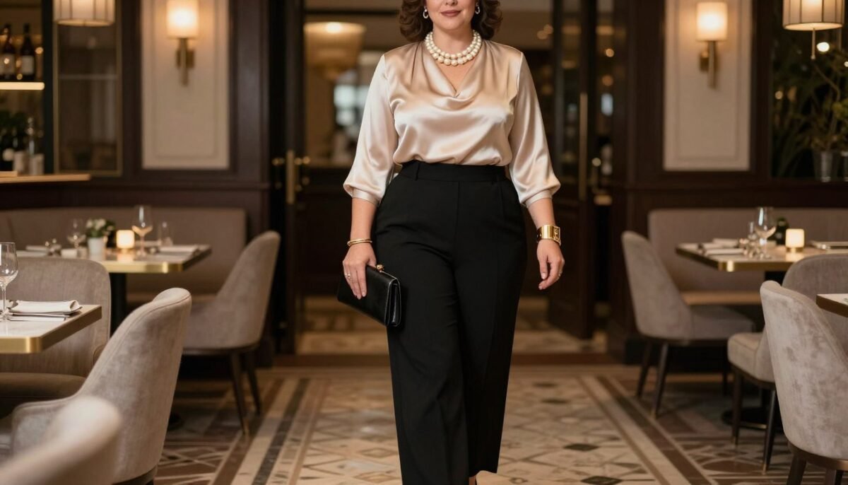 Plus size woman in elegant evening old money outfit with silk blouse and tailored pants