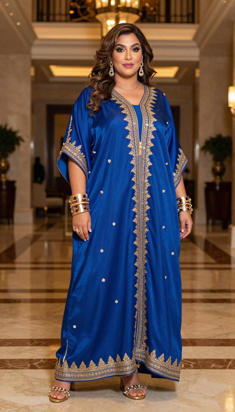 Plus size woman in embellished caftan dress Plus size woman in embellished caftan dress
