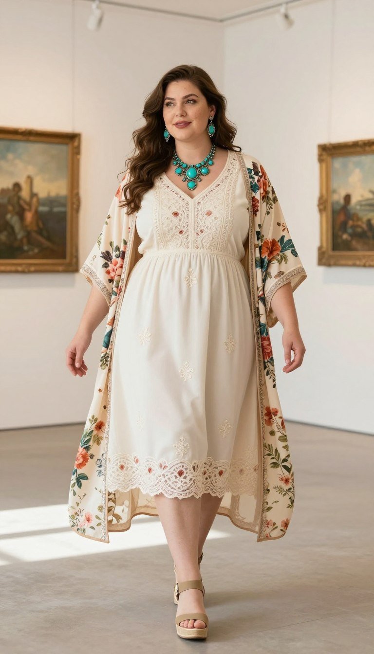 Plus size woman in embroidered midi dress with kimono layer Plus size woman in embroidered midi dress with kimono layer