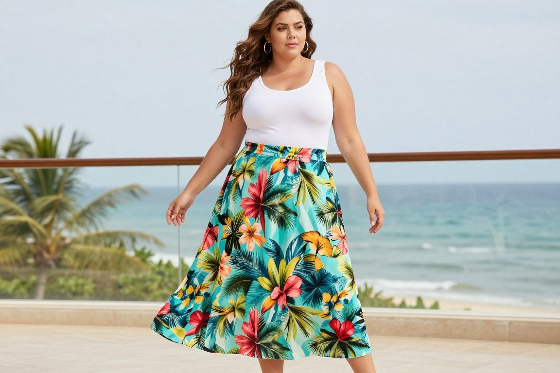 Plus size woman in flowing midi skirt and fitted top