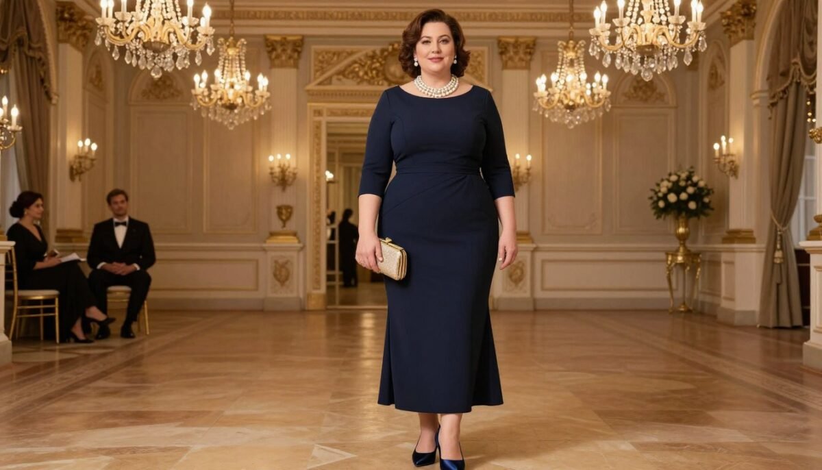Plus size woman in formal old money outfit for wedding or gala event