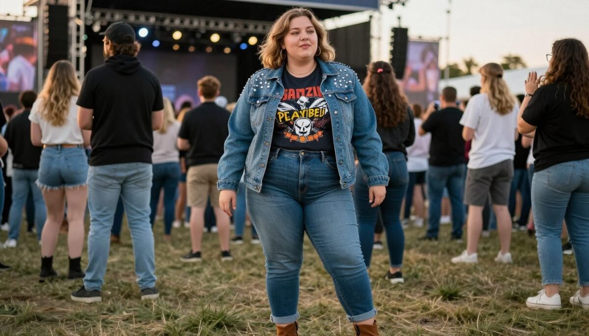 Plus size woman in graphic tee and statement jacket at concert