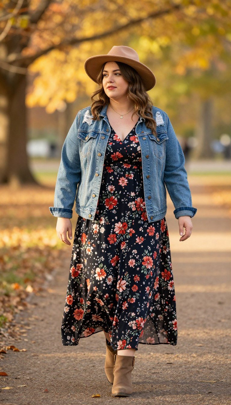 Plus size woman in maxi dress with denim jacket Plus size woman in maxi dress with denim jacket
