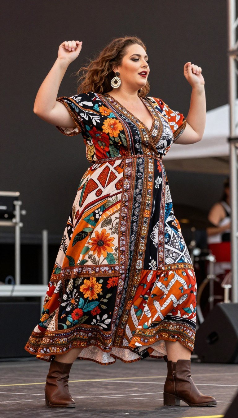 Plus size woman in mixed print boho maxi dress Plus size woman in mixed print boho maxi dress