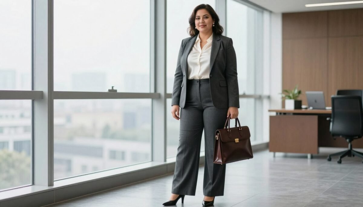 Plus size woman in professional old money office attire with blazer and tailored pants