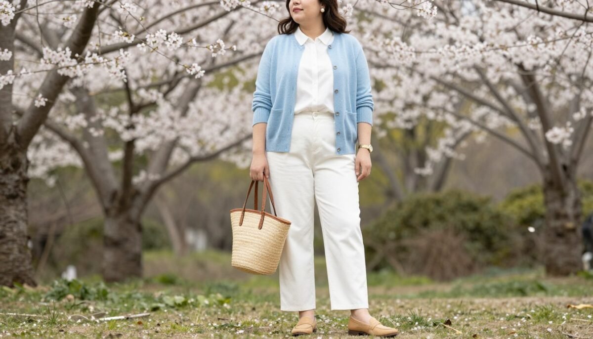 Plus size woman in spring old money outfit with pastel cardigan and white pants