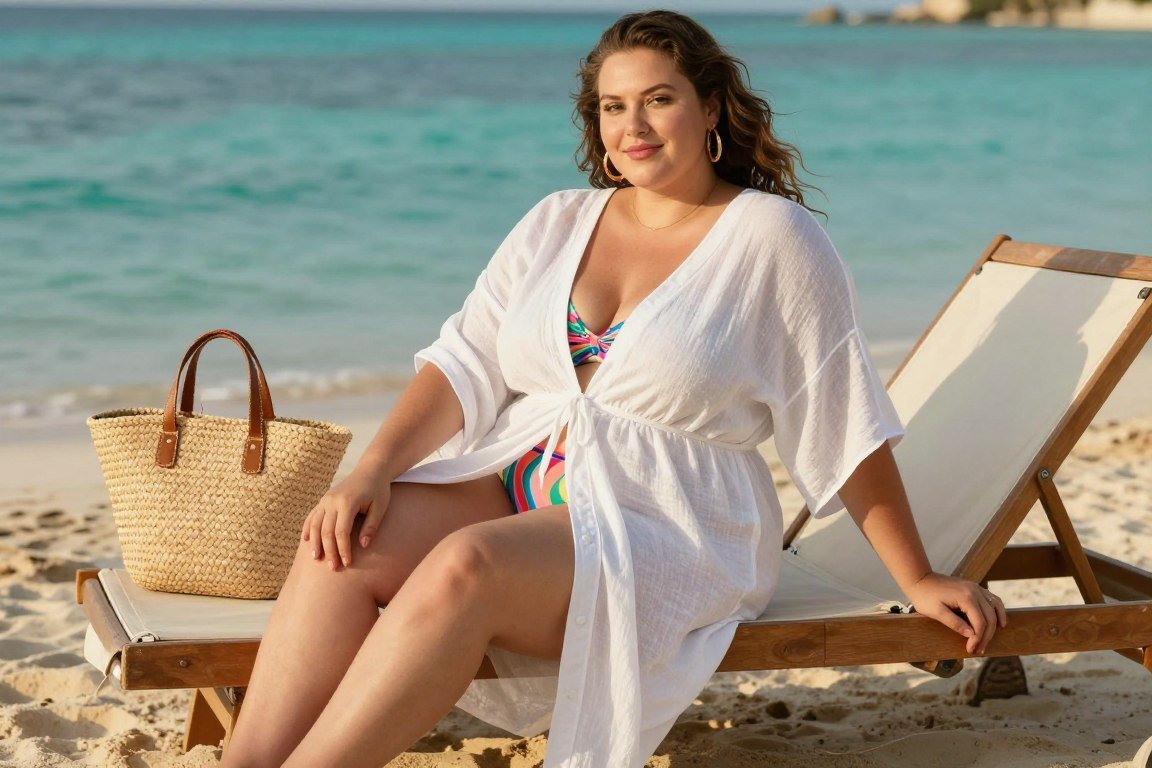 Plus size woman in stylish beach cover-up over swimsuit