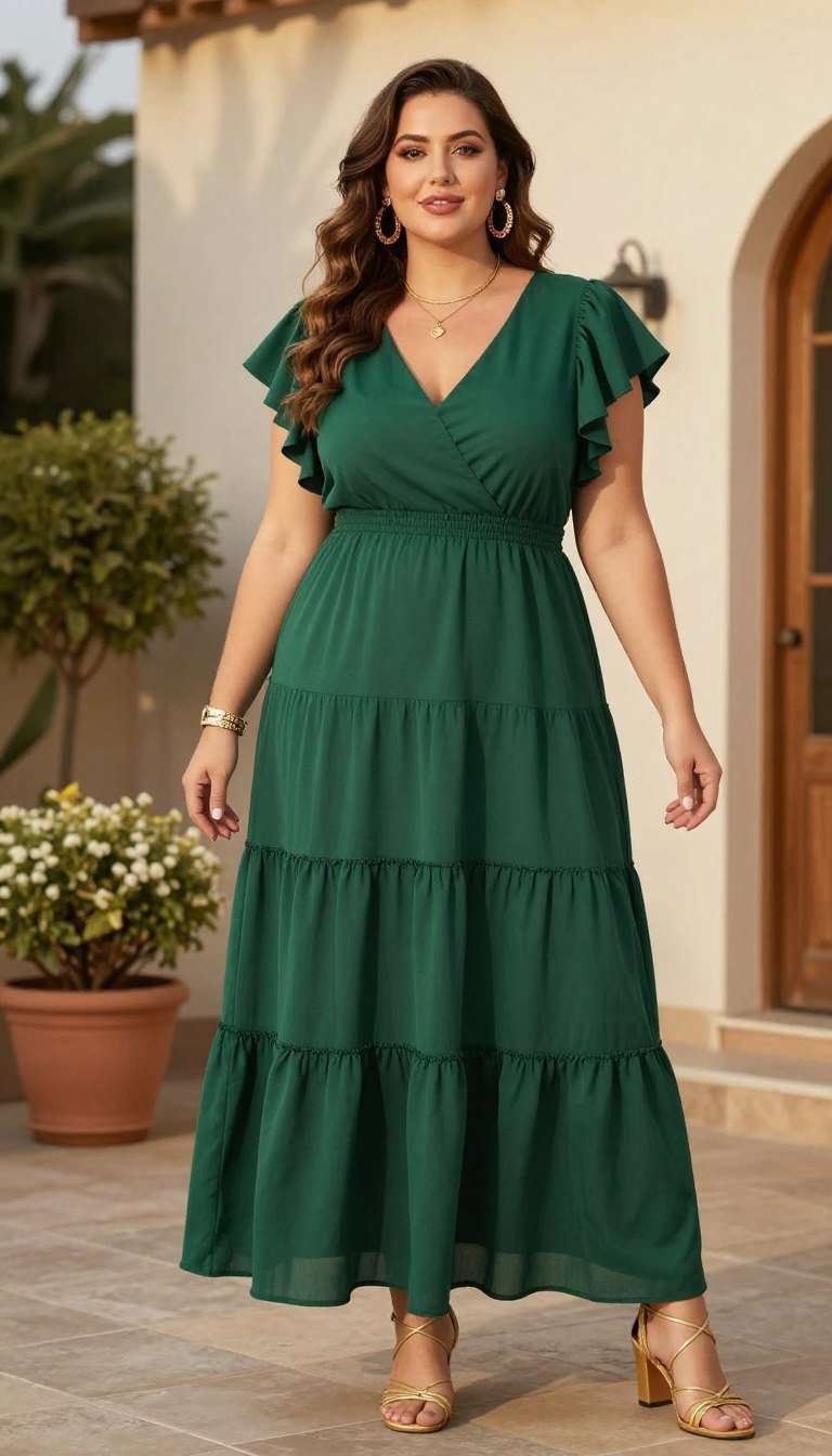 Plus size woman in tiered ruffle boho dress Plus size woman in tiered ruffle boho dress