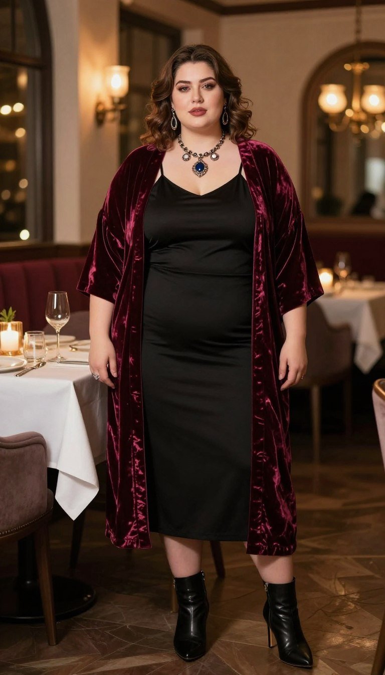 Plus size woman in velvet kimono over slip dress Plus size woman in velvet kimono over slip dress