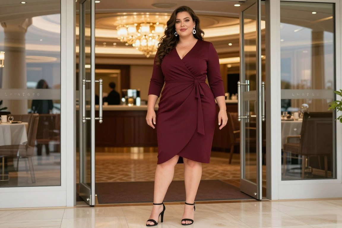 Plus size woman in wrap dress for smart casual cruise dining