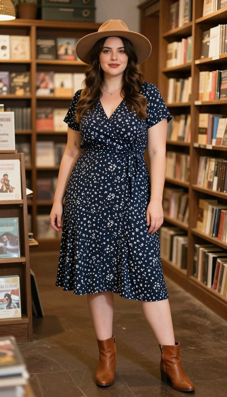 Plus size woman in wrap dress with boho ankle boots Plus size woman in wrap dress with boho ankle boots