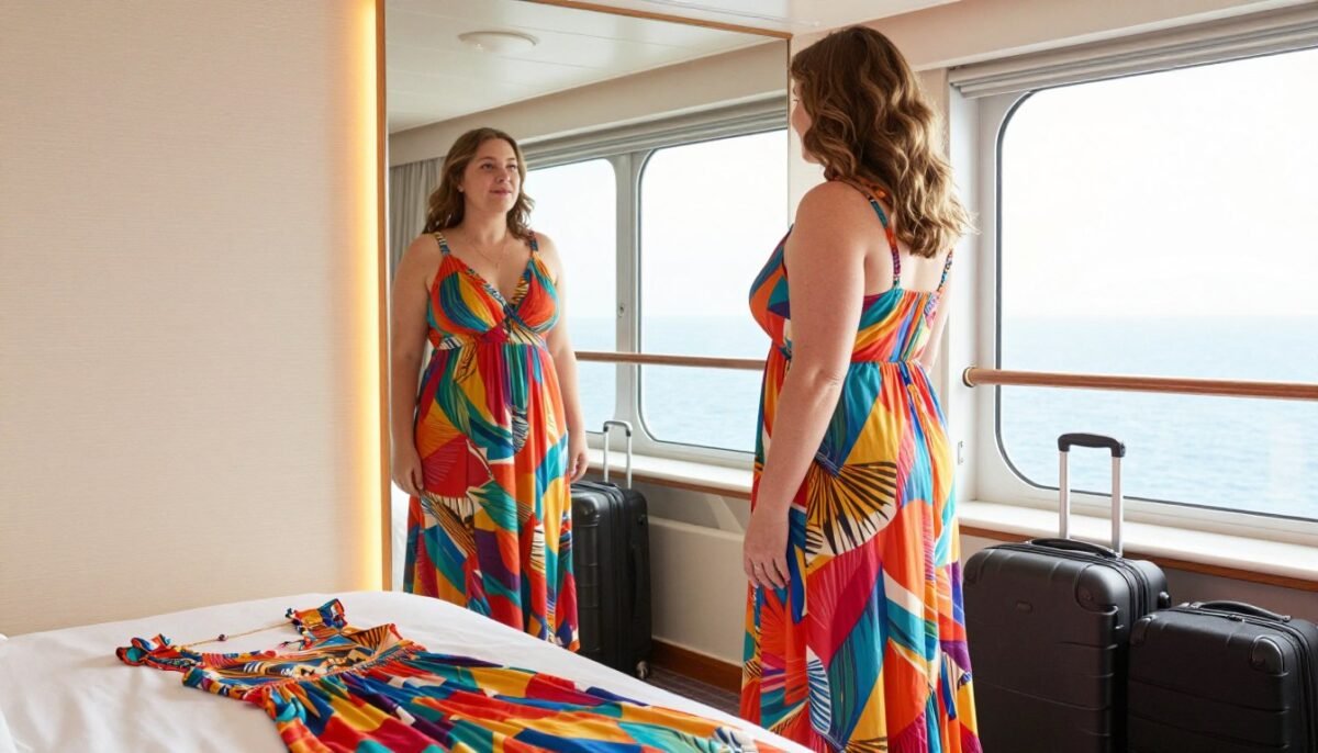 Plus size woman trying on cruise outfits