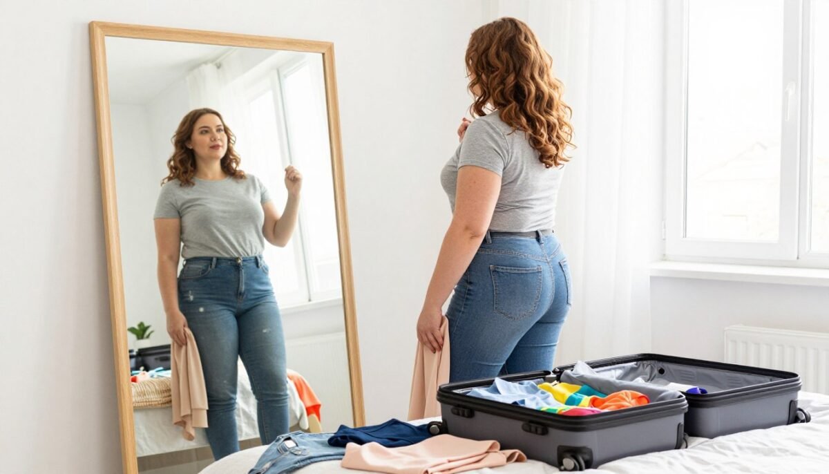 Plus size woman trying on travel outfits before packing