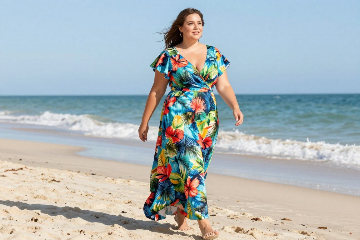 Plus size woman wearing a colorful tropical print maxi dress on the beach
