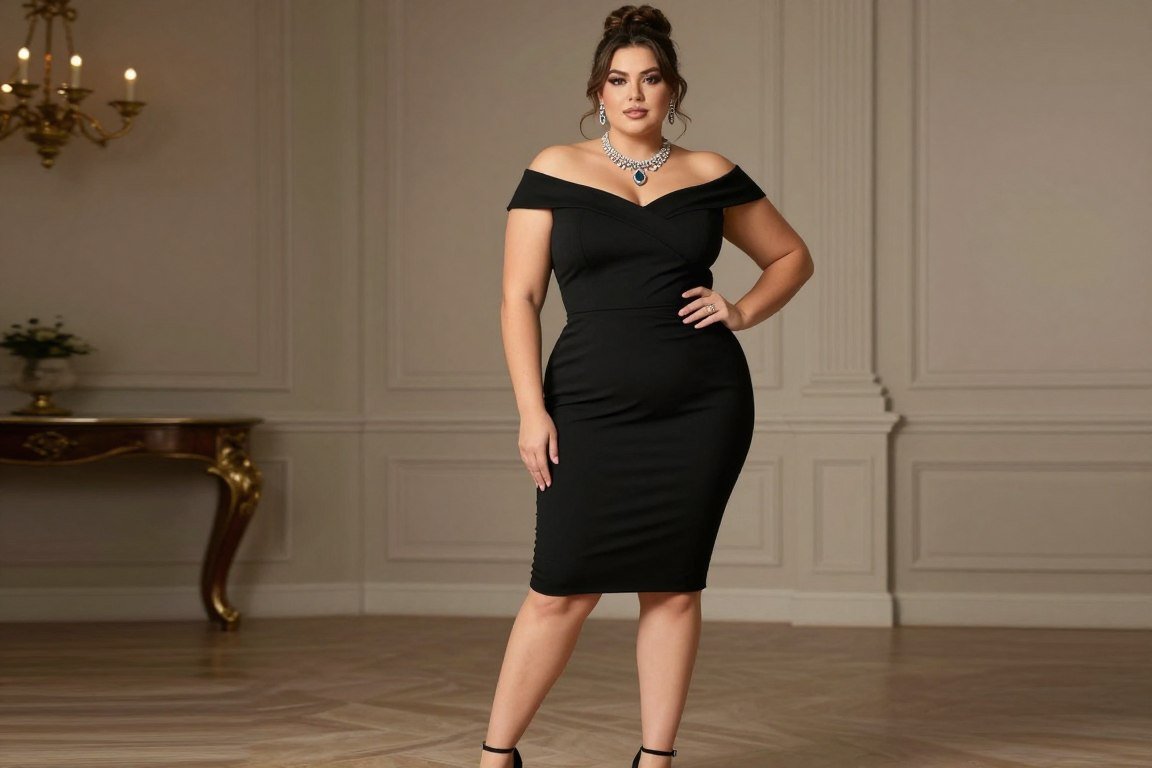 Plus size woman wearing elegant off-shoulder black cocktail dress