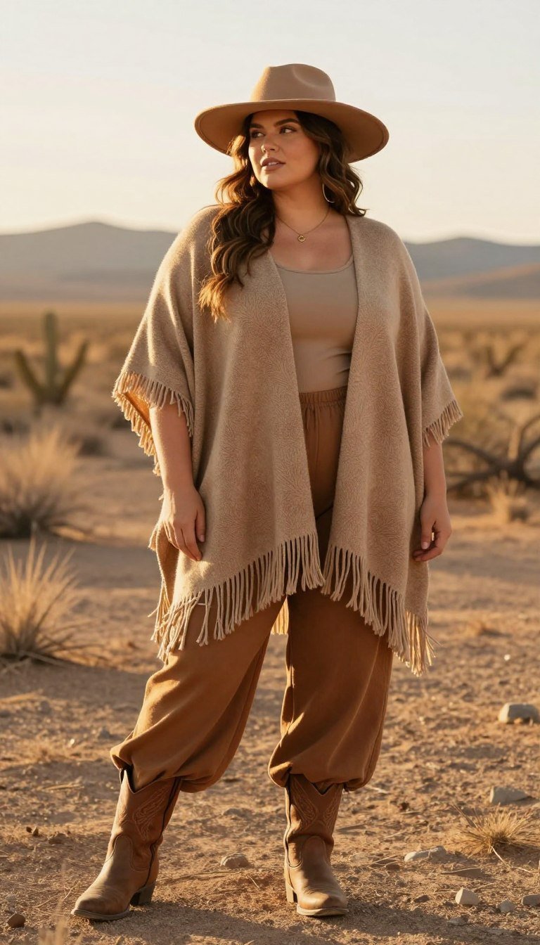 Plus size woman wearing fringed poncho over dress Plus size woman wearing fringed poncho over dress