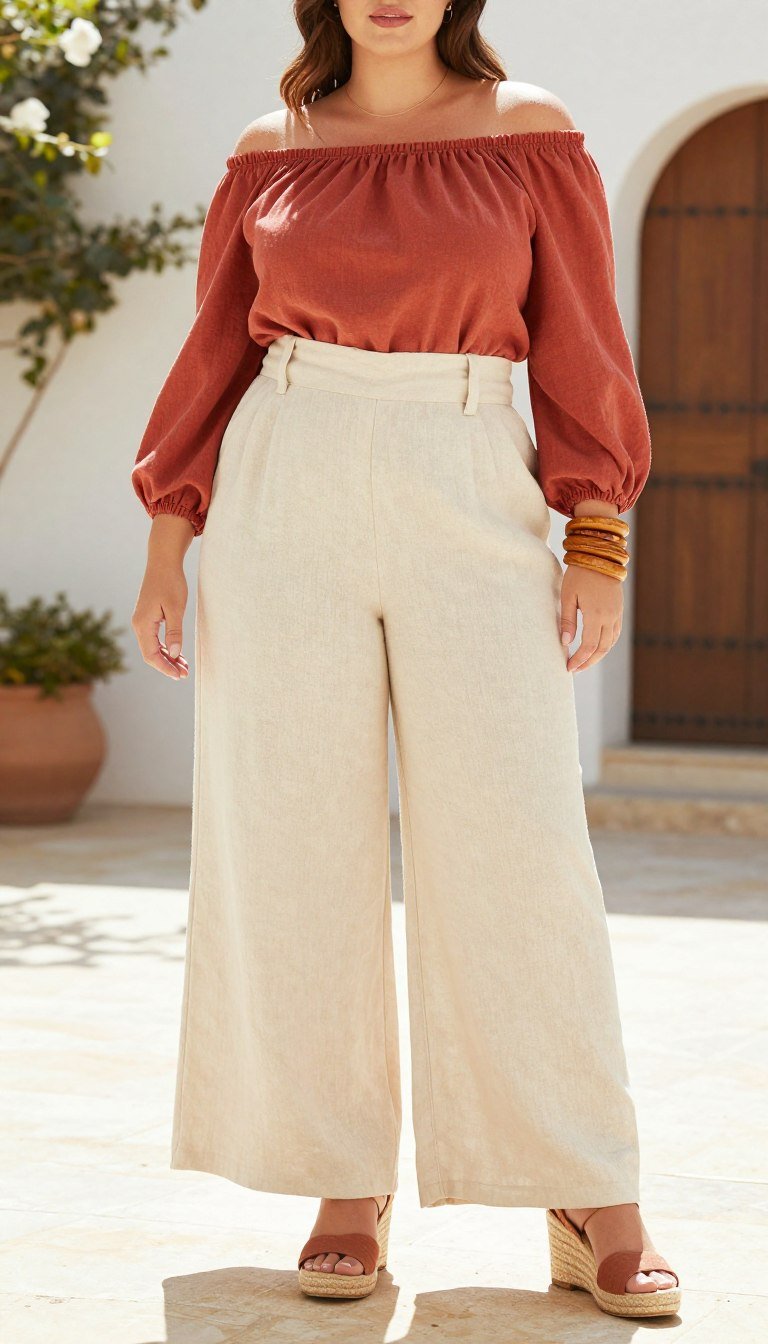 Plus size woman wearing wide-leg linen pants and peasant top Plus size woman wearing wide-leg linen pants and peasant top