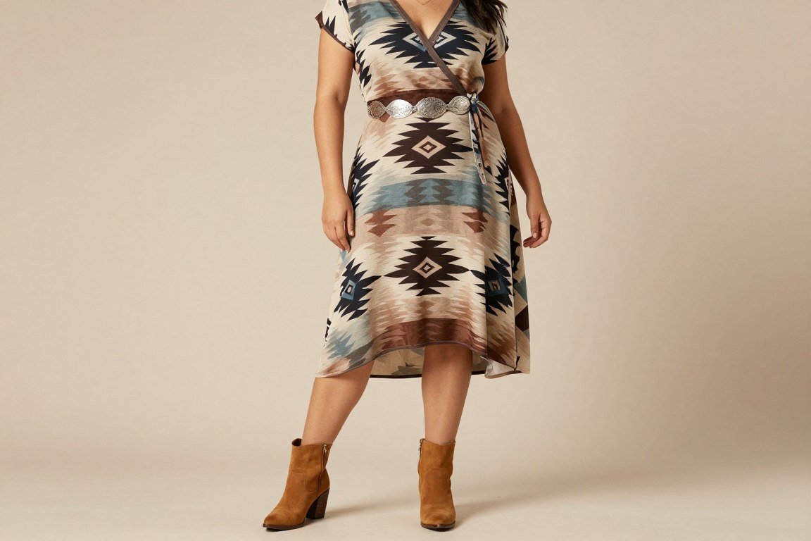 Plus size wrap dress with western print