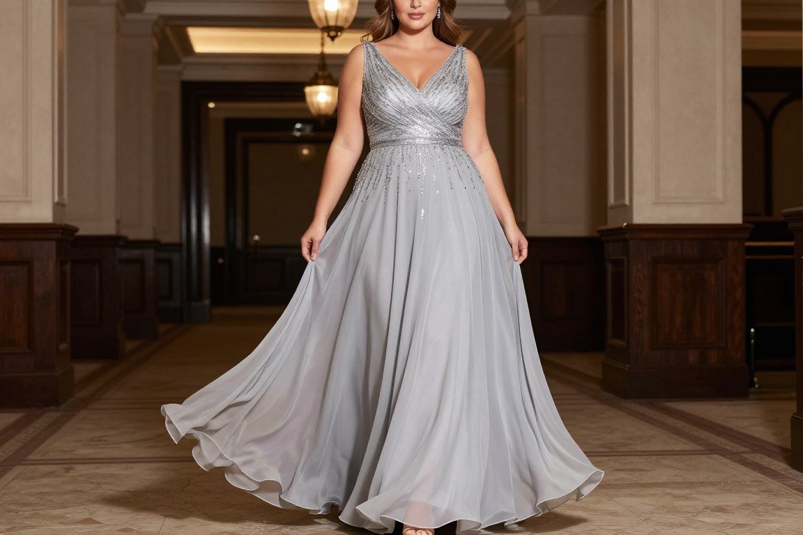 Silver gray A-line gown with sequin details for elegant mother bride