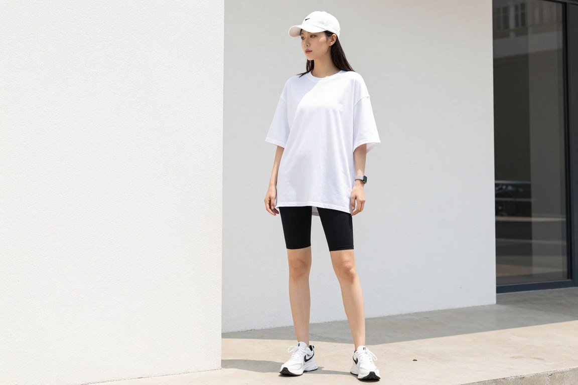 Sporty mom outfit with bike shorts and oversized tee