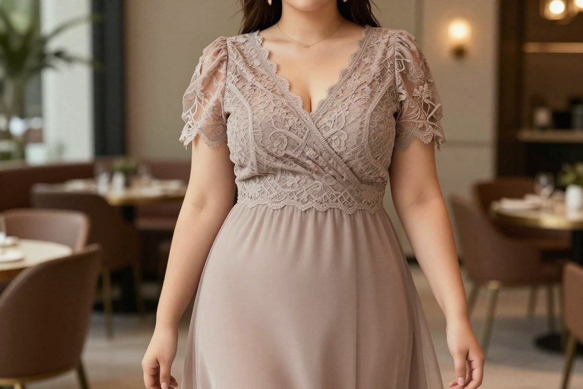Taupe lace chiffon dress with puff sleeve detail for mother bride