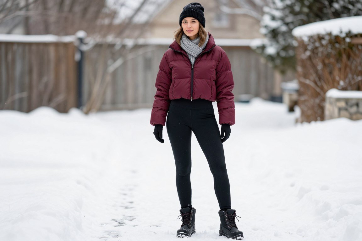 Winter sporty mom outfit with leggings and puffer jacket